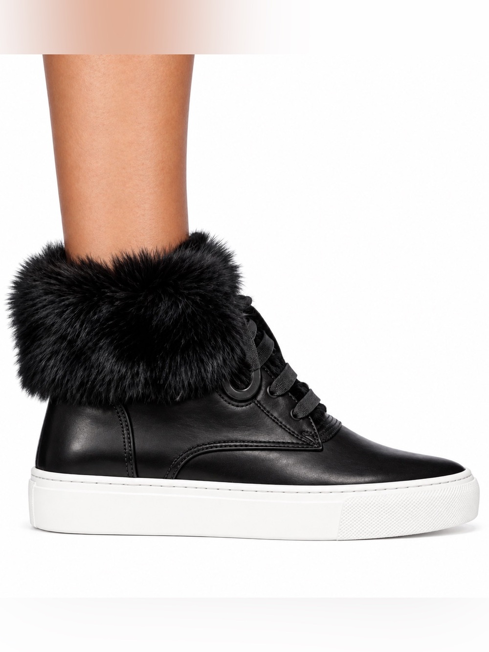 Vince black leather Nyack, high top sneakers with rabbit fur, trim 36/6